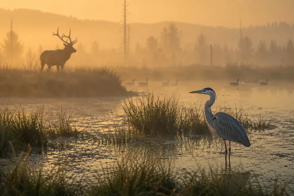 Great blue heron and elk in golden morning fog at a wetland